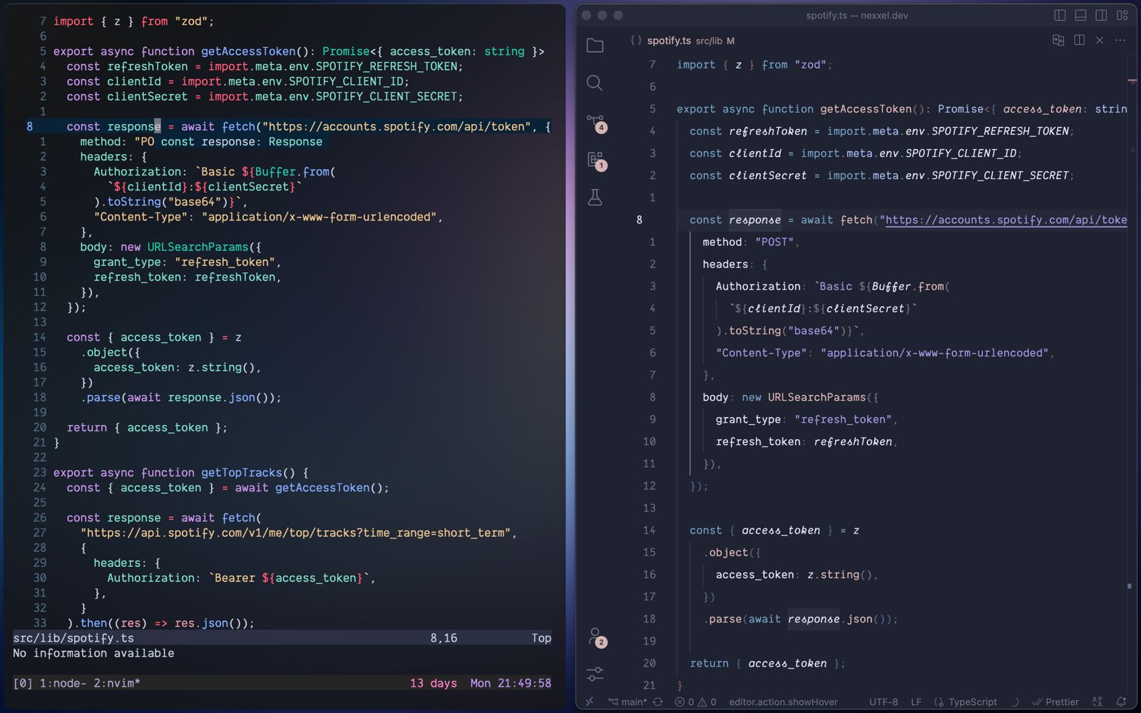 Neovim on the left and VSCode on the right